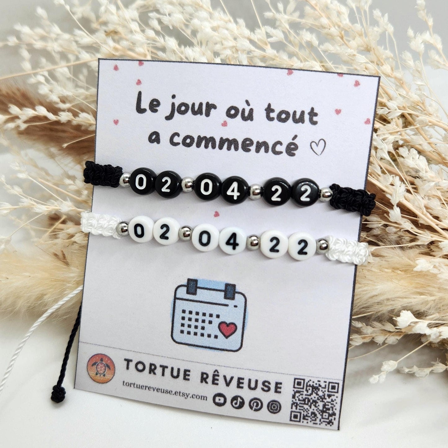 Bracelets date de rencontre pour couple Fait main / Noir et Blanc / Acier inoxydable / Macramé / Résistant à l'eau