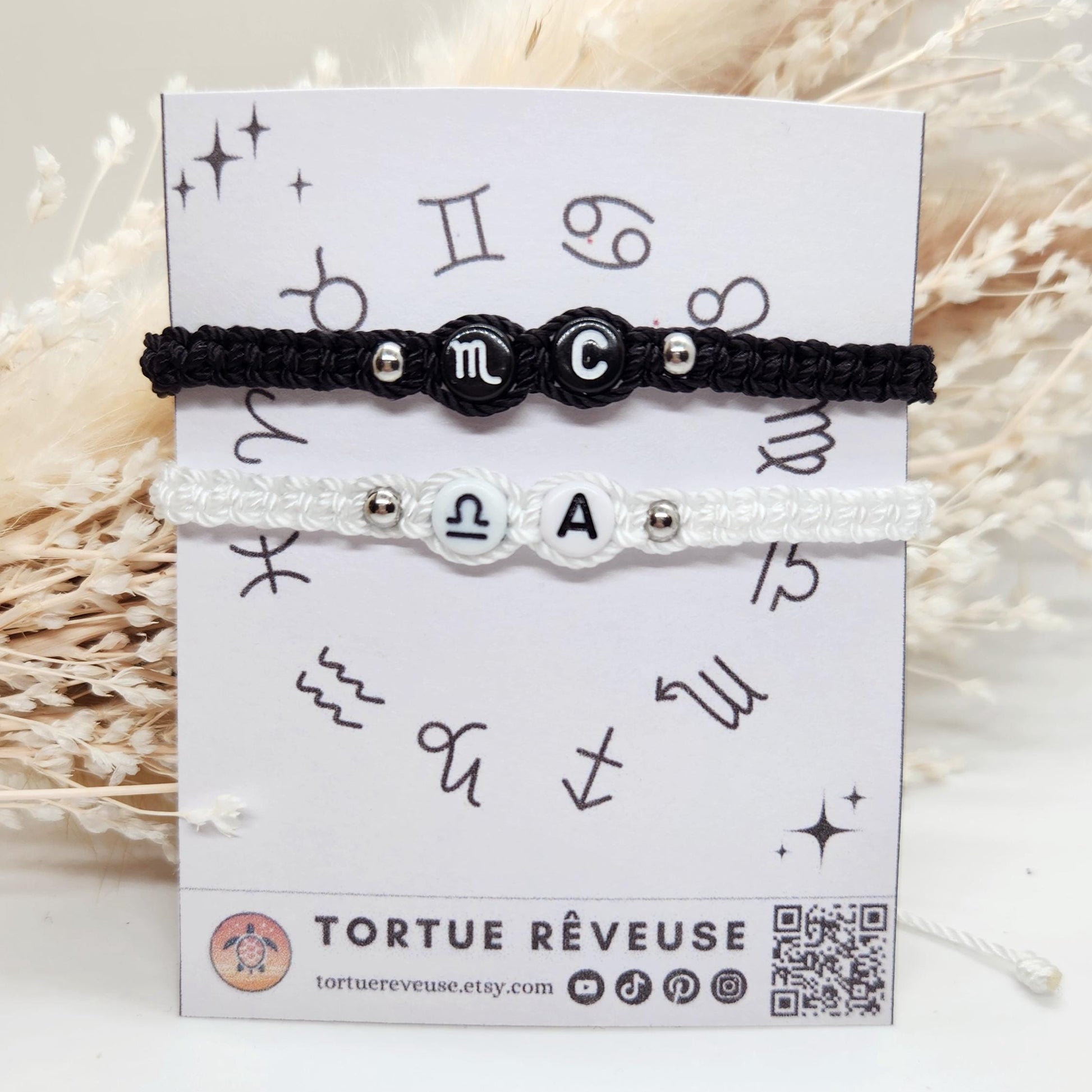 Bracelets duo Signes Astrologiques Fait main / Noir et Blanc / Acier inoxydable / Macramé / Résistant à l'eau
