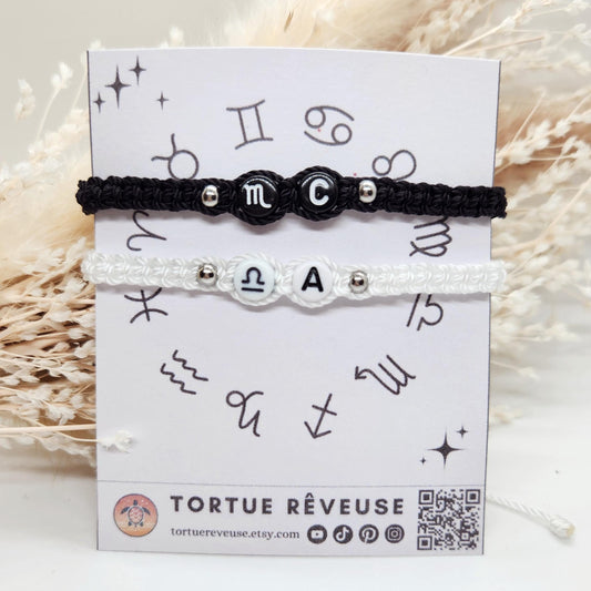 Bracelets duo Signes Astrologiques Fait main / Noir et Blanc / Acier inoxydable / Macramé / Résistant à l'eau